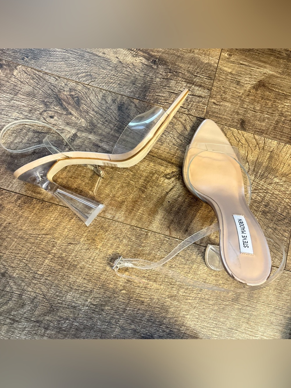 Steve Madden Clear PVC Strap Nude Insole Block Heel Sandals - Picture 7 of 7